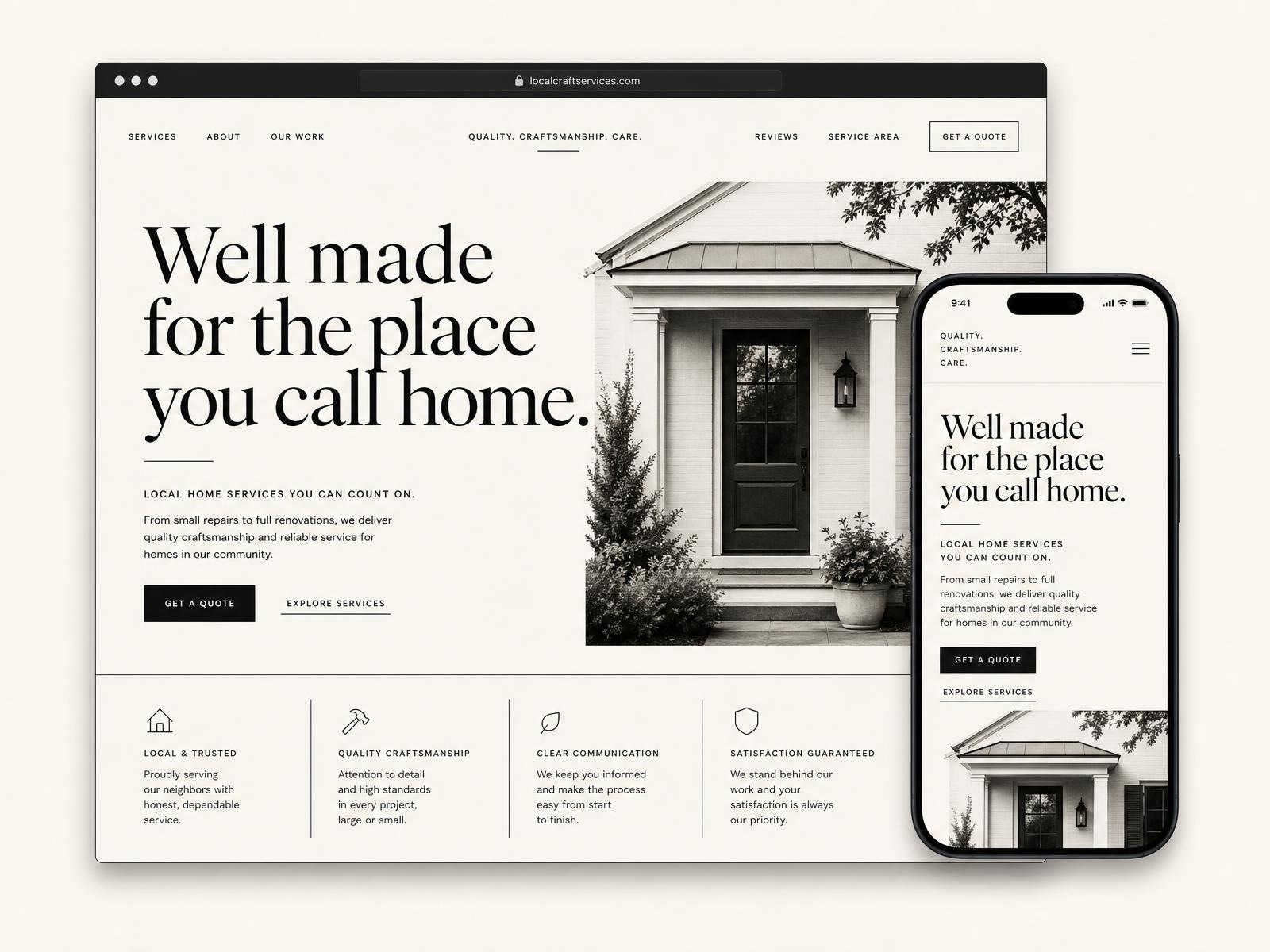 Layered desktop and mobile previews of a modern local business website